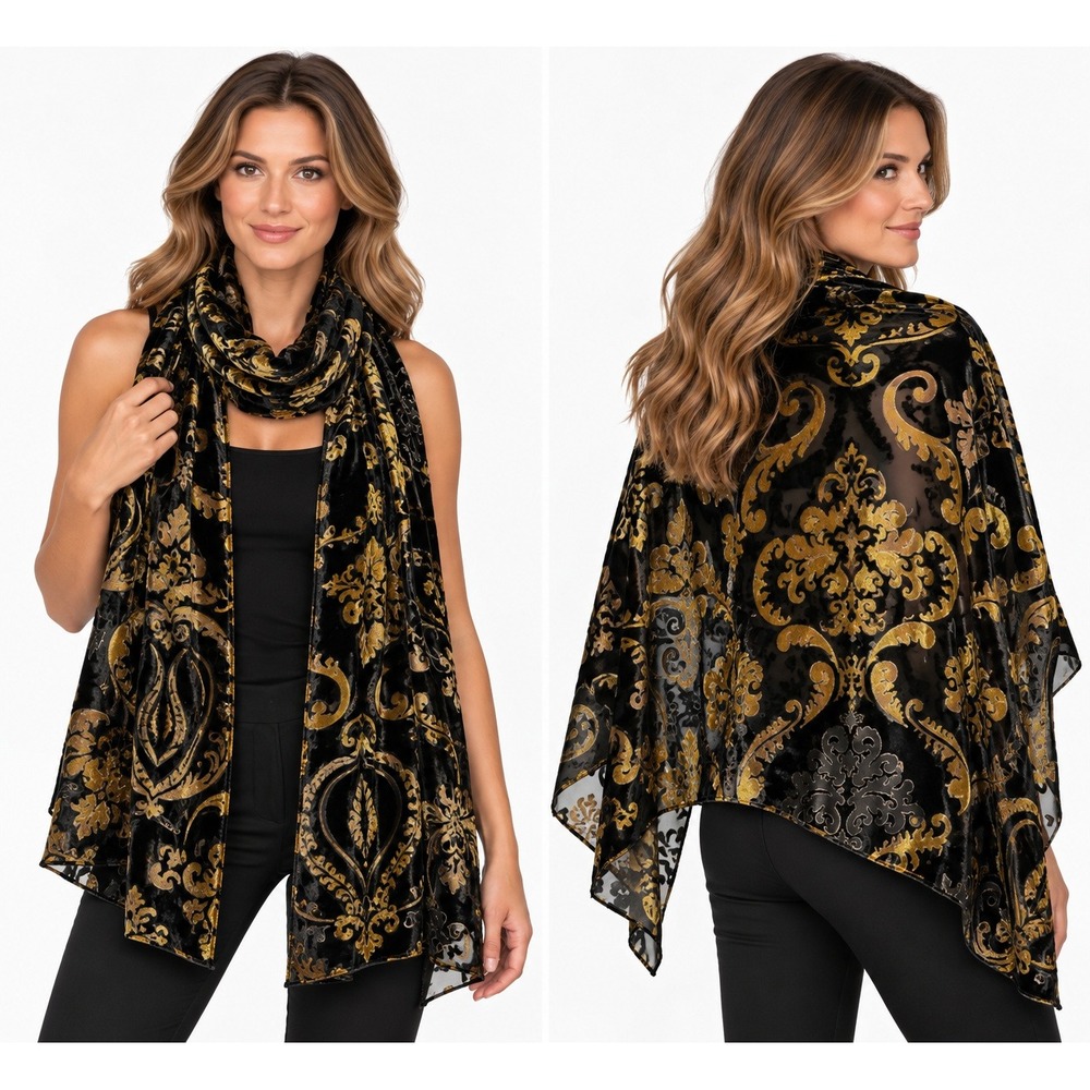 ZazouLuxe Silk Blend Devore Velvet Scarf Black Gold Damask Burnout Shawl 74x21